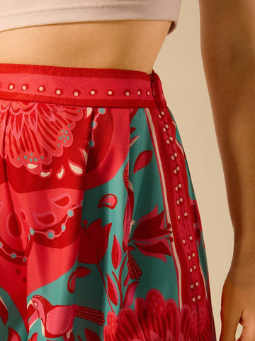 CAJUNI Women's Boho Tropical Red Print Casual Holiday Beach Shorts, Summe