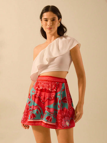 CAJUNI Women's Boho Tropical Red Print Casual Holiday Beach Shorts, Summe