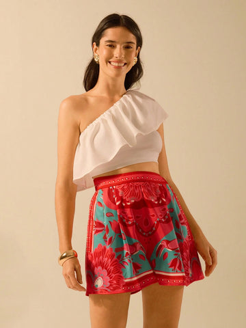 CAJUNI Women's Boho Tropical Red Print Casual Holiday Beach Shorts, Summe