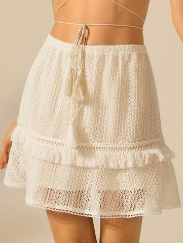 CAJUNI Women's Boho Tropical Resort Beach Beige Wooden Fringed Waist Skirt, Summer