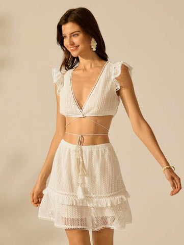 CAJUNI Women's Boho Tropical Resort Beach Beige Wooden Fringed Waist Skirt, Summer
