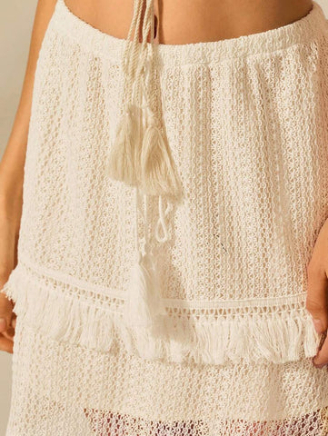 CAJUNI Women's Boho Tropical Resort Beach Beige Wooden Fringed Waist Skirt, Summer