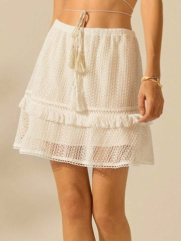 CAJUNI Women's Boho Tropical Resort Beach Beige Wooden Fringed Waist Skirt, Summer