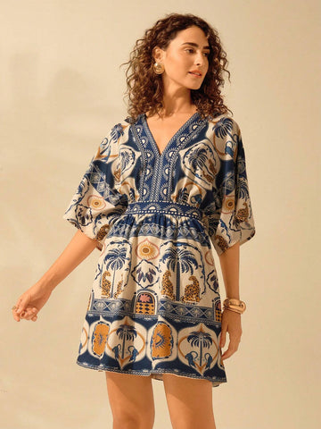 CAJUNI Women's Boho Tropical Sea Turtle, Leopard, Coconut Tree, Sunflower Print Casual Vacation V-Neck Loose Short Beach Dress, Summer