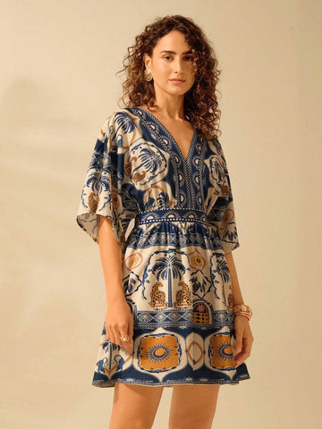 CAJUNI Women's Boho Tropical Sea Turtle, Leopard, Coconut Tree, Sunflower Print Casual Vacation V-Neck Loose Short Beach Dress, Summer