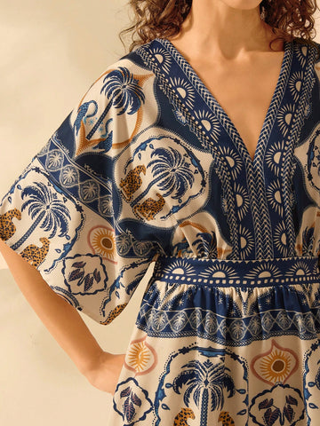 CAJUNI Women's Boho Tropical Sea Turtle, Leopard, Coconut Tree, Sunflower Print Casual Vacation V-Neck Loose Short Beach Dress, Summer