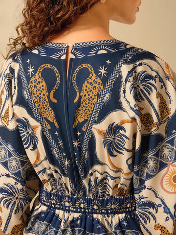 CAJUNI Women's Boho Tropical Sea Turtle, Leopard, Coconut Tree, Sunflower Print Casual Vacation V-Neck Loose Short Beach Dress, Summer