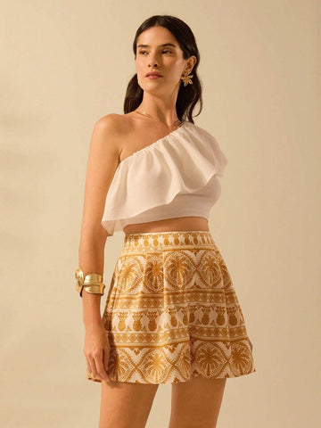 CAJUNI Women's Boho Tropical Yellow Print Casual Summer Beach Shorts