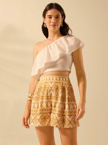 CAJUNI Women's Boho Tropical Yellow Print Casual Summer Beach Shorts