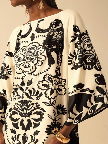 CAJUNI Women's Boho Vacation Style Black & White Leopard, Peony Floral Print V-Back Tie Loose Long Sleeve Casual Short Dress