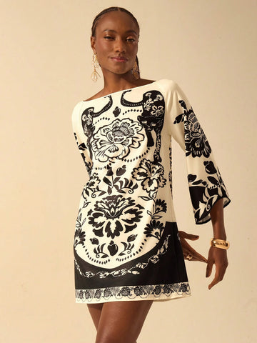 CAJUNI Women's Boho Vacation Style Black & White Leopard, Peony Floral Print V-Back Tie Loose Long Sleeve Casual Short Dress