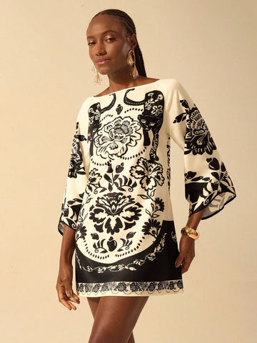CAJUNI Women's Boho Vacation Style Black & White Leopard, Peony Floral Print V-Back Tie Loose Long Sleeve Casual Short Dress