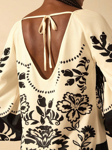 CAJUNI Women's Boho Vacation Style Black & White Leopard, Peony Floral Print V-Back Tie Loose Long Sleeve Casual Short Dress