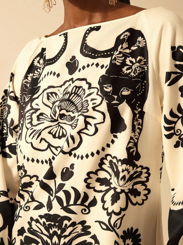 CAJUNI Women's Boho Vacation Style Black & White Leopard, Peony Floral Print V-Back Tie Loose Long Sleeve Casual Short Dress