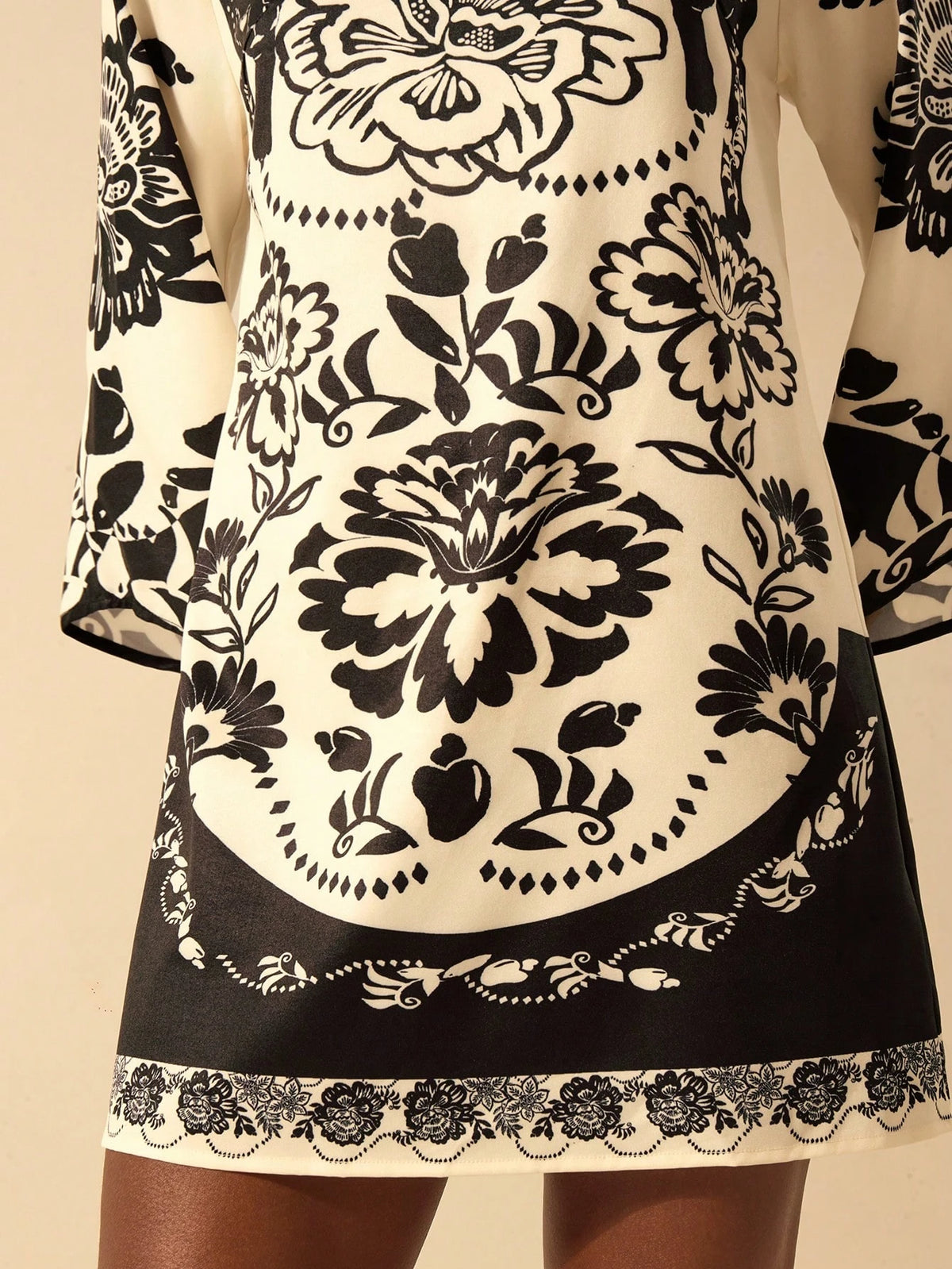 CAJUNI Women's Boho Vacation Style Black & White Leopard, Peony Floral Print V-Back Tie Loose Long Sleeve Casual Short Dress