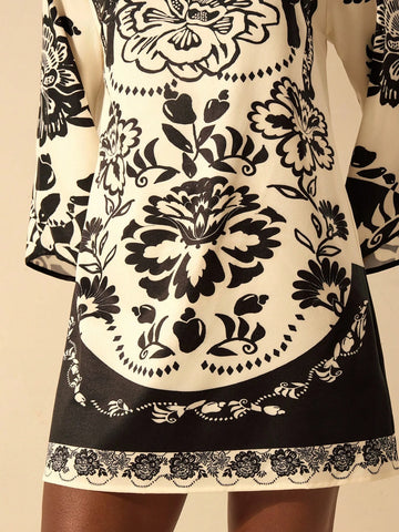 CAJUNI Women's Boho Vacation Style Black & White Leopard, Peony Floral Print V-Back Tie Loose Long Sleeve Casual Short Dress