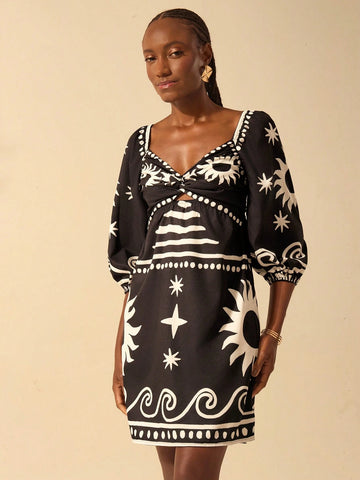 CAJUNI Women's Boho Vintage Retro Print Puff Sleeve Twist Front Short Beach Vacation Dress