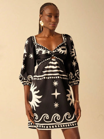 CAJUNI Women's Boho Vintage Retro Print Puff Sleeve Twist Front Short Beach Vacation Dress