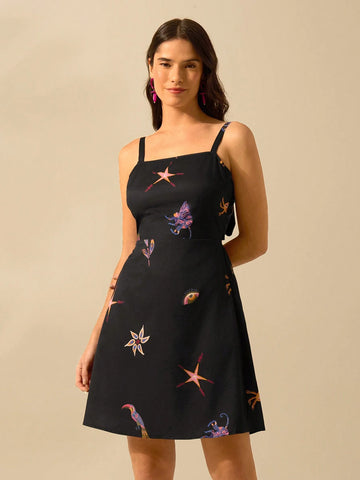 CAJUNI Women's Casual Summer Bohemian Tropical Print Black Halter Short Dress With Parrots, Crabs, Starfish Prints