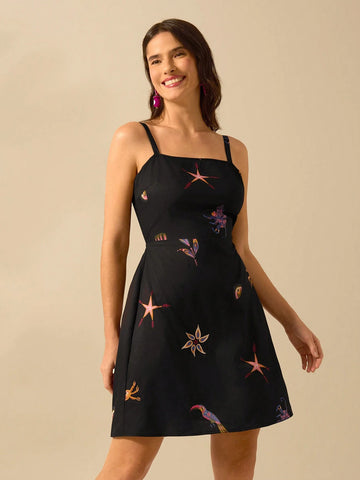 CAJUNI Women's Casual Summer Bohemian Tropical Print Black Halter Short Dress With Parrots, Crabs, Starfish Prints