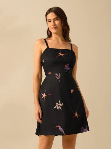 CAJUNI Women's Casual Summer Bohemian Tropical Print Black Halter Short Dress With Parrots, Crabs, Starfish Prints
