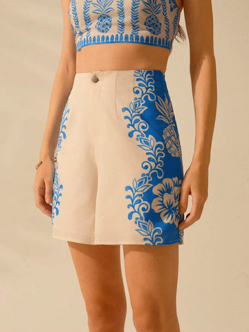 CAJUNI Women's Casual Summer Boho Blue Tropical Rhododendron & Pineapple Print Shorts