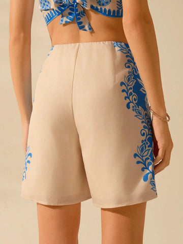 CAJUNI Women's Casual Summer Boho Blue Tropical Rhododendron & Pineapple Print Shorts