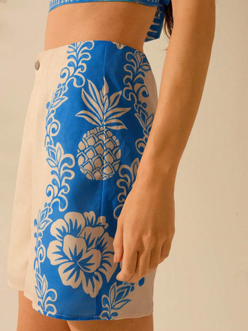 CAJUNI Women's Casual Summer Boho Blue Tropical Rhododendron & Pineapple Print Shorts