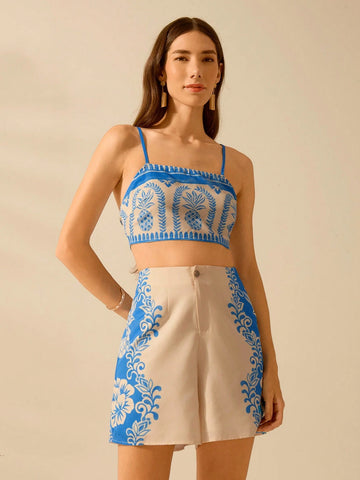 CAJUNI Women's Casual Summer Boho Blue Tropical Rhododendron & Pineapple Print Shorts