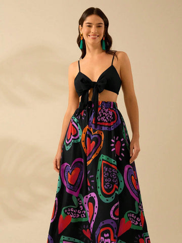 CAJUNI Women's Colorful Heart-Shaped Print, Boho Print Long Skirt, Holiday Casual Beach Summer Black Skirt
