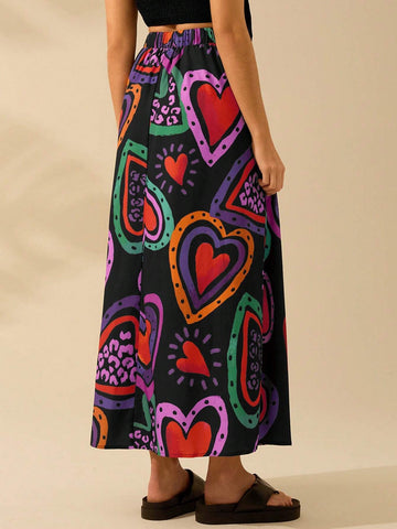 CAJUNI Women's Colorful Heart-Shaped Print, Boho Print Long Skirt, Holiday Casual Beach Summer Black Skirt
