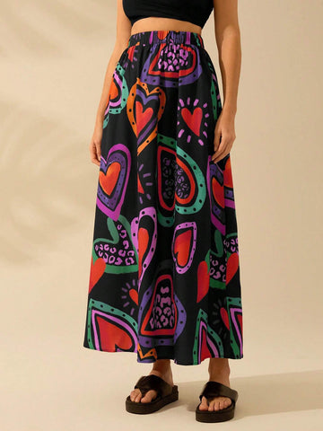CAJUNI Women's Colorful Heart-Shaped Print, Boho Print Long Skirt, Holiday Casual Beach Summer Black Skirt