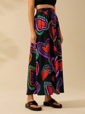 CAJUNI Women's Colorful Heart-Shaped Print, Boho Print Long Skirt, Holiday Casual Beach Summer Black Skirt