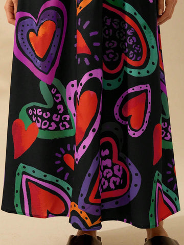 CAJUNI Women's Colorful Heart-Shaped Print, Boho Print Long Skirt, Holiday Casual Beach Summer Black Skirt