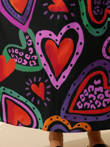 CAJUNI Women's Colorful Heart-Shaped Print, Boho Print Long Skirt, Holiday Casual Beach Summer Black Skirt