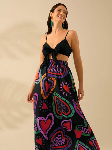 CAJUNI Women's Colorful Heart-Shaped Print, Boho Print Long Skirt, Holiday Casual Beach Summer Black Skirt