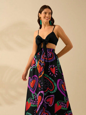 CAJUNI Women's Colorful Heart-Shaped Print, Boho Print Long Skirt, Holiday Casual Beach Summer Black Skirt
