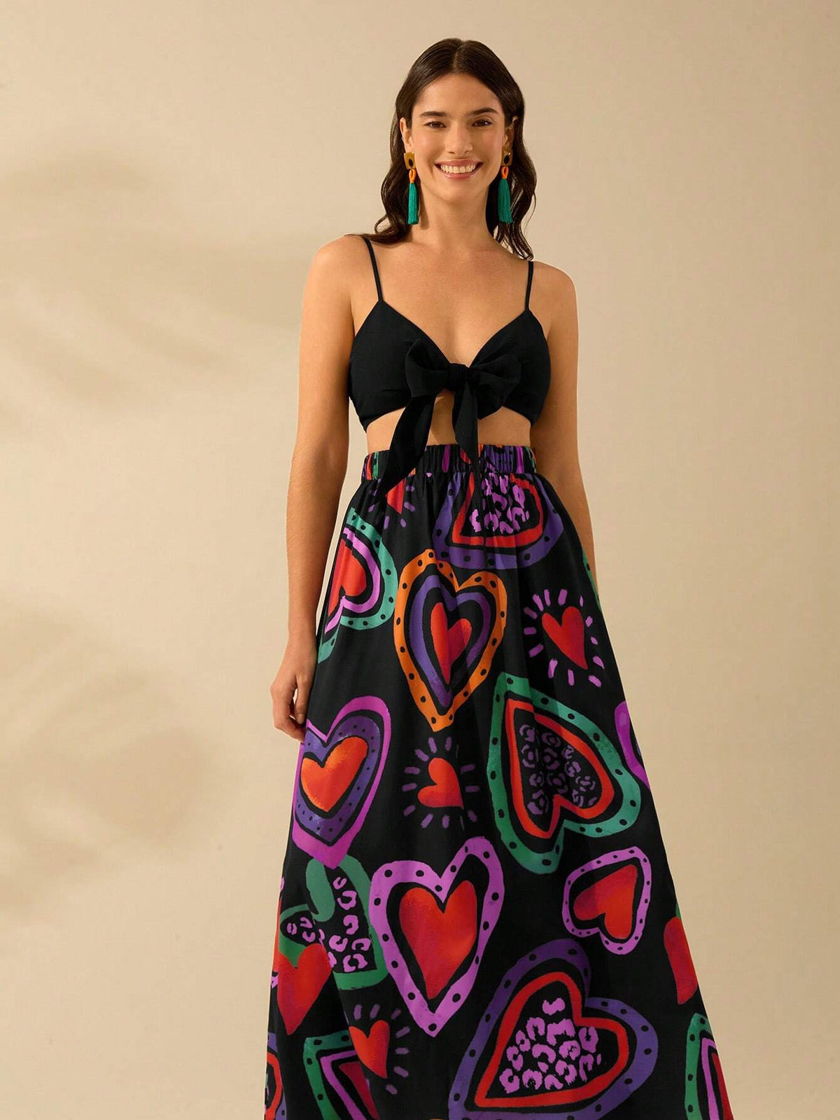 CAJUNI Women's Colorful Heart-Shaped Print, Boho Print Long Skirt, Holiday Casual Beach Summer Black Skirt