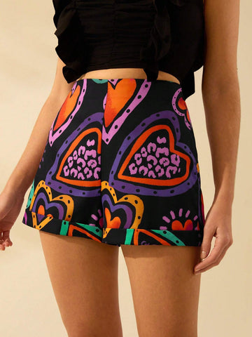 Women's Colorful Heart Print, Boho Print Black Mini Shorts, Holiday Casual Beach Summer Shorts