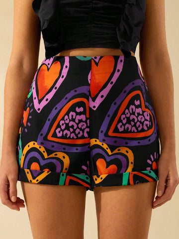 Women's Colorful Heart Print, Boho Print Black Mini Shorts, Holiday Casual Beach Summer Shorts