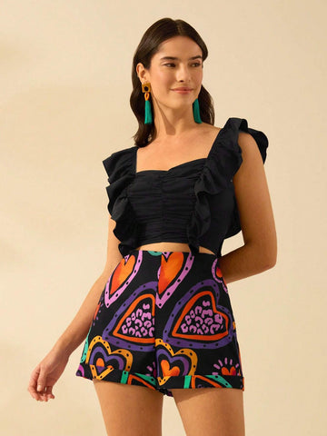 Women's Colorful Heart Print, Boho Print Black Mini Shorts, Holiday Casual Beach Summer Shorts