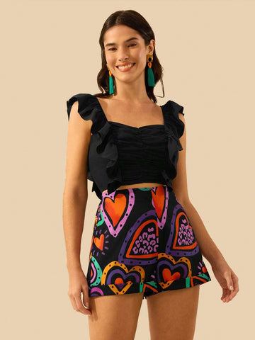 Women's Colorful Heart Print, Boho Print Black Mini Shorts, Holiday Casual Beach Summer Shorts