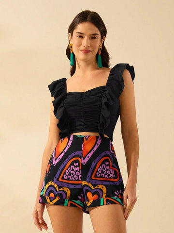 Women's Colorful Heart Print, Boho Print Black Mini Shorts, Holiday Casual Beach Summer Shorts