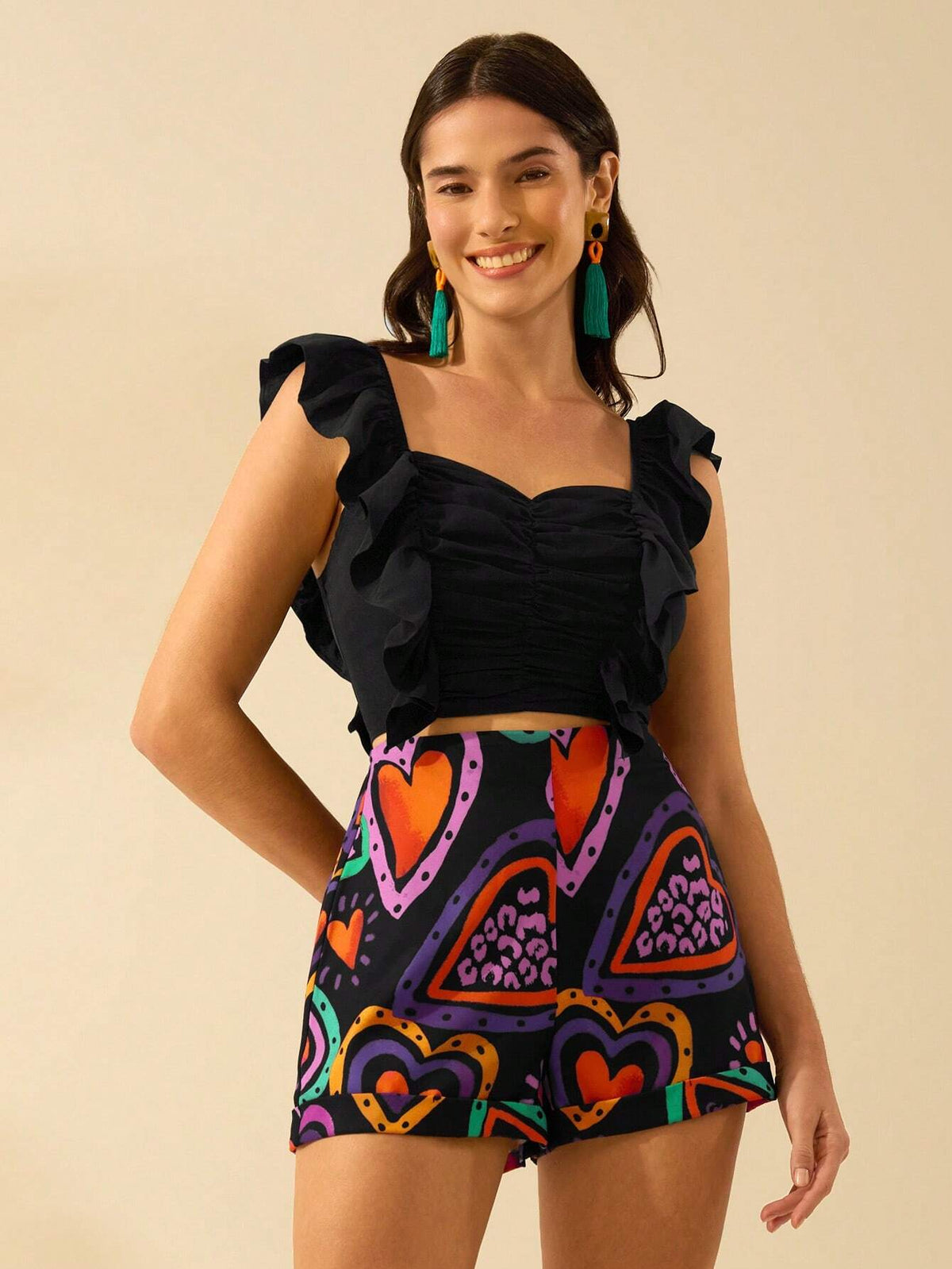 Women's Colorful Heart Print, Boho Print Black Mini Shorts, Holiday Casual Beach Summer Shorts