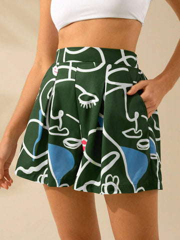 CAJUNI Women's Face Line Print, Lip Print, Boho Print Green Mini Shorts, Holiday Casual Beach Summer Shorts