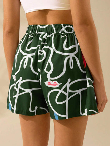 CAJUNI Women's Face Line Print, Lip Print, Boho Print Green Mini Shorts, Holiday Casual Beach Summer Shorts