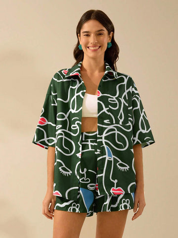 CAJUNI Women's Face Line Print, Lip Print, Boho Print Green Mini Shorts, Holiday Casual Beach Summer Shorts