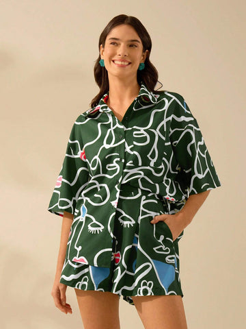 CAJUNI Women's Face Line Print, Lip Print, Boho Print Green Mini Shorts, Holiday Casual Beach Summer Shorts