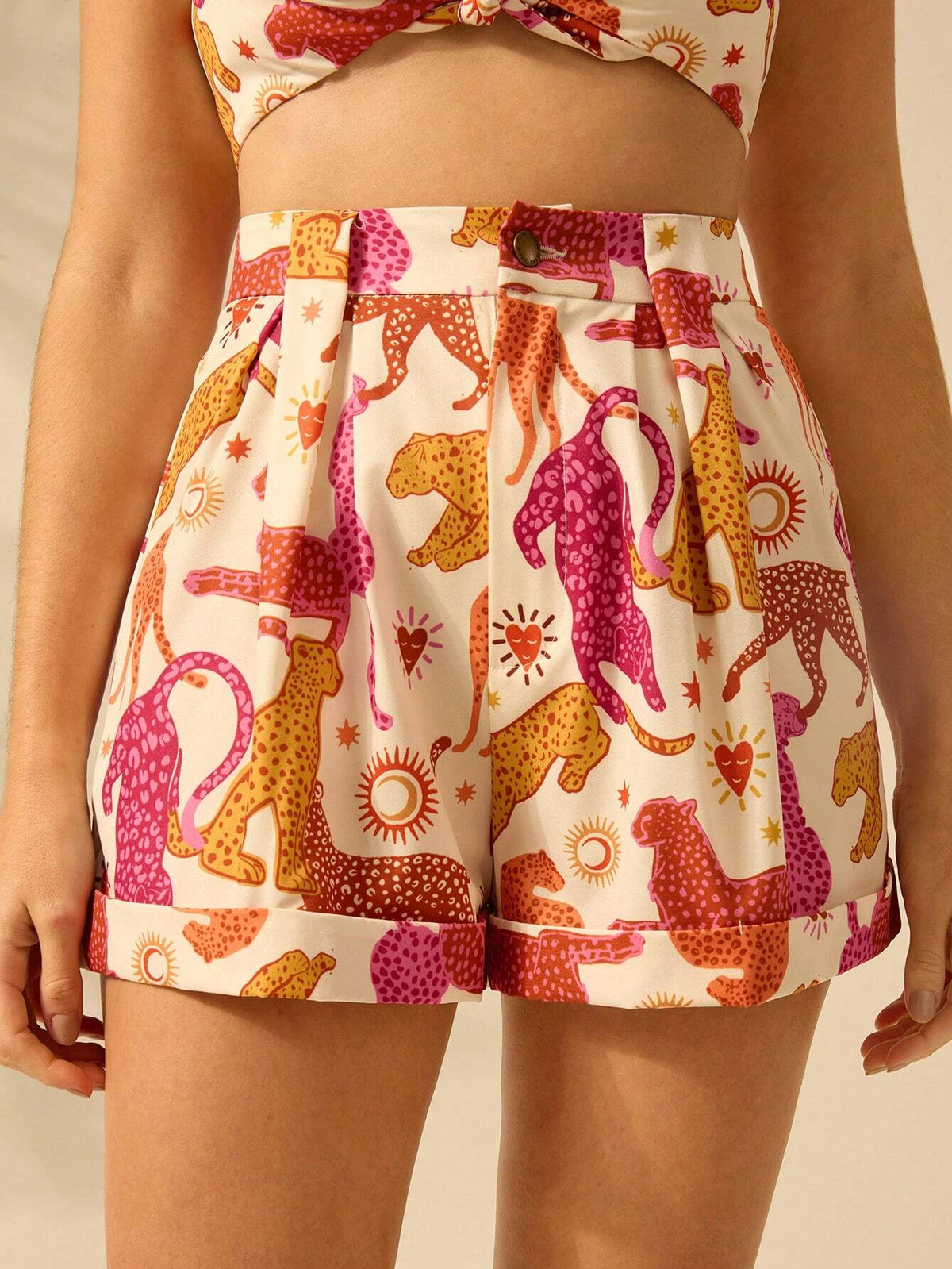 CAJUNI Women's Halter Strap Boho Tropical Color Leopard Print Beige Vacation Casual Summer Shorts