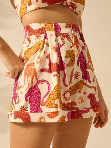 CAJUNI Women's Halter Strap Boho Tropical Color Leopard Print Beige Vacation Casual Summer Shorts